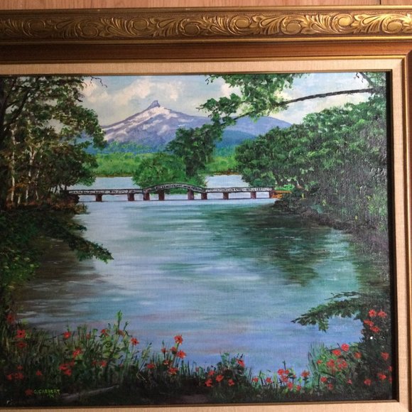 Original art painting landscape mountain bridge river flowers framed signed - Picture 6 of 8